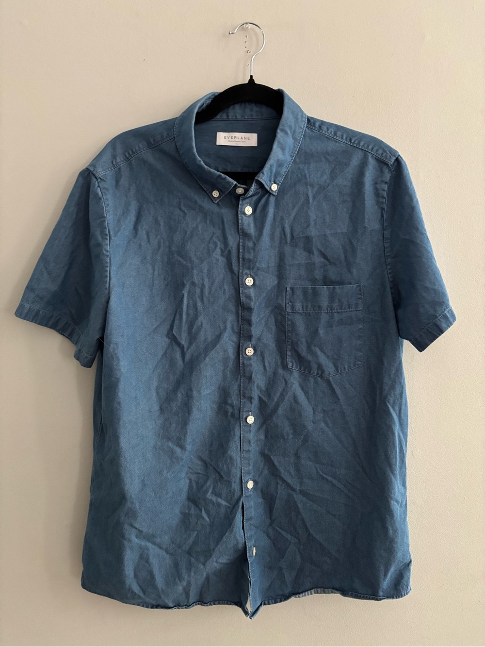 Everlane Men's Short Sleeve Chambray Denim Classic Button Down Shirt Large Blue